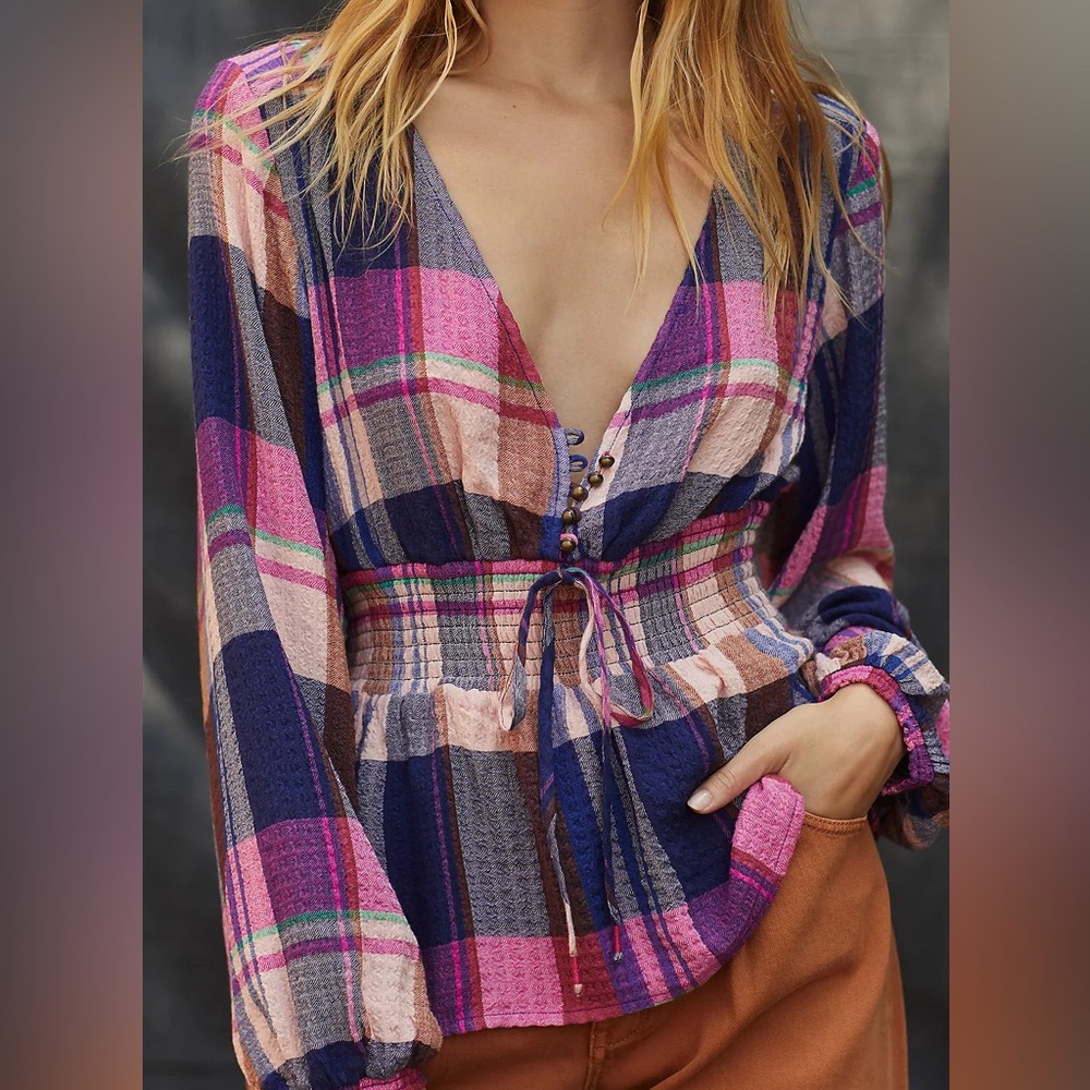 Anthropologie Pilcro Plaid V-Neck Peplum Top, S